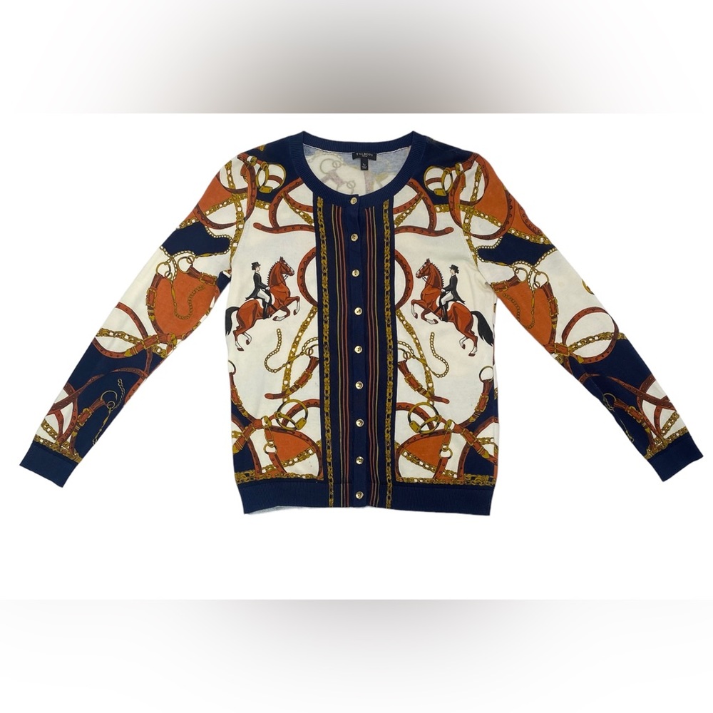Talbots Womens Size S Petite Equestrian Print Gold Button Cardigan Sweater